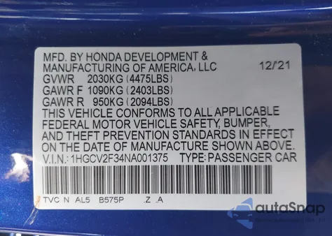 2022 Honda Accord Sport 2.0T z USA, uszkodzony, nr VIN 1HGCV2F34NA001375